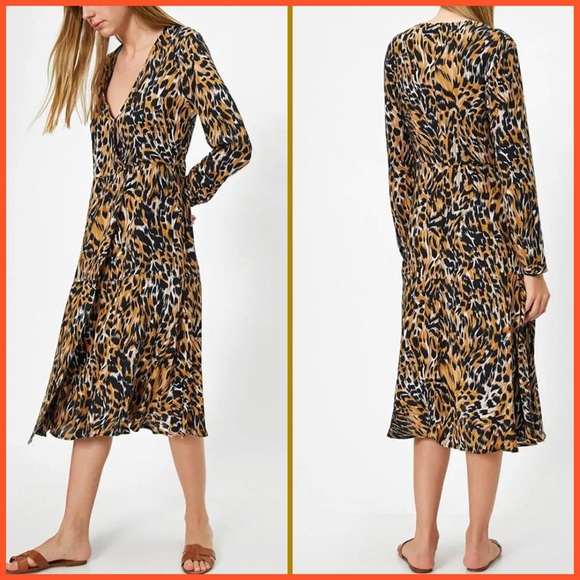 Mango Leopard Print Long Sleeve Midi Wrap Dress - Picture 1 of 14